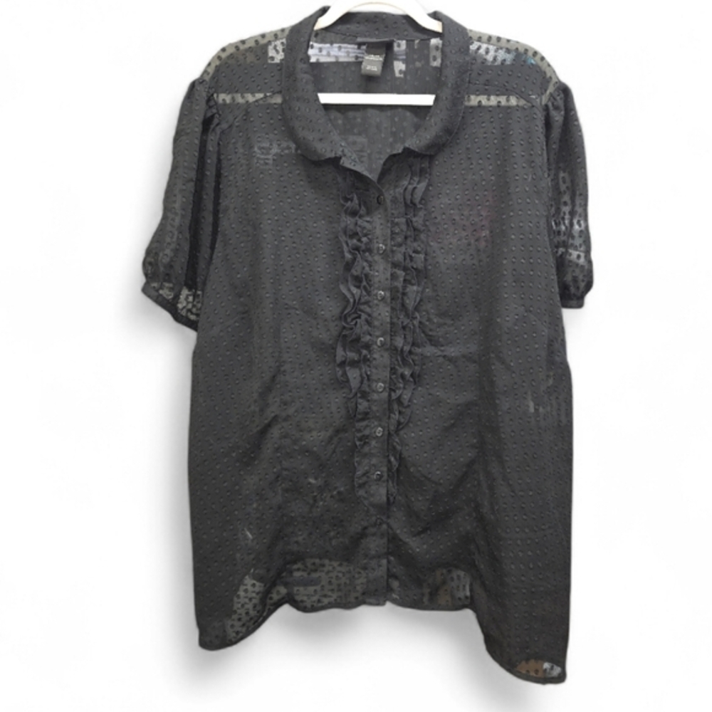 Lane Bryant Black Swiss Dot Ruffle Button Front Blouse 26/28 Sheer Plus Size